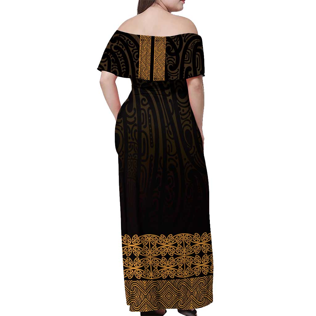New Zealand Maori Kowhaiwhai Off Shoulder Maxi Dress Karaka Maui and Mangopare