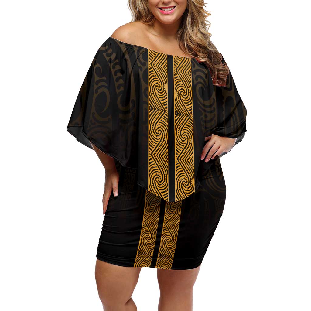 New Zealand Maori Kowhaiwhai Off Shoulder Short Dress Karaka Maui and Mangopare