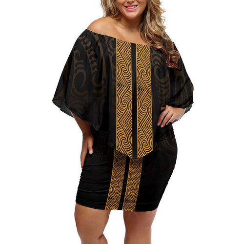 New Zealand Maori Kowhaiwhai Off Shoulder Short Dress Karaka Maui and Mangopare
