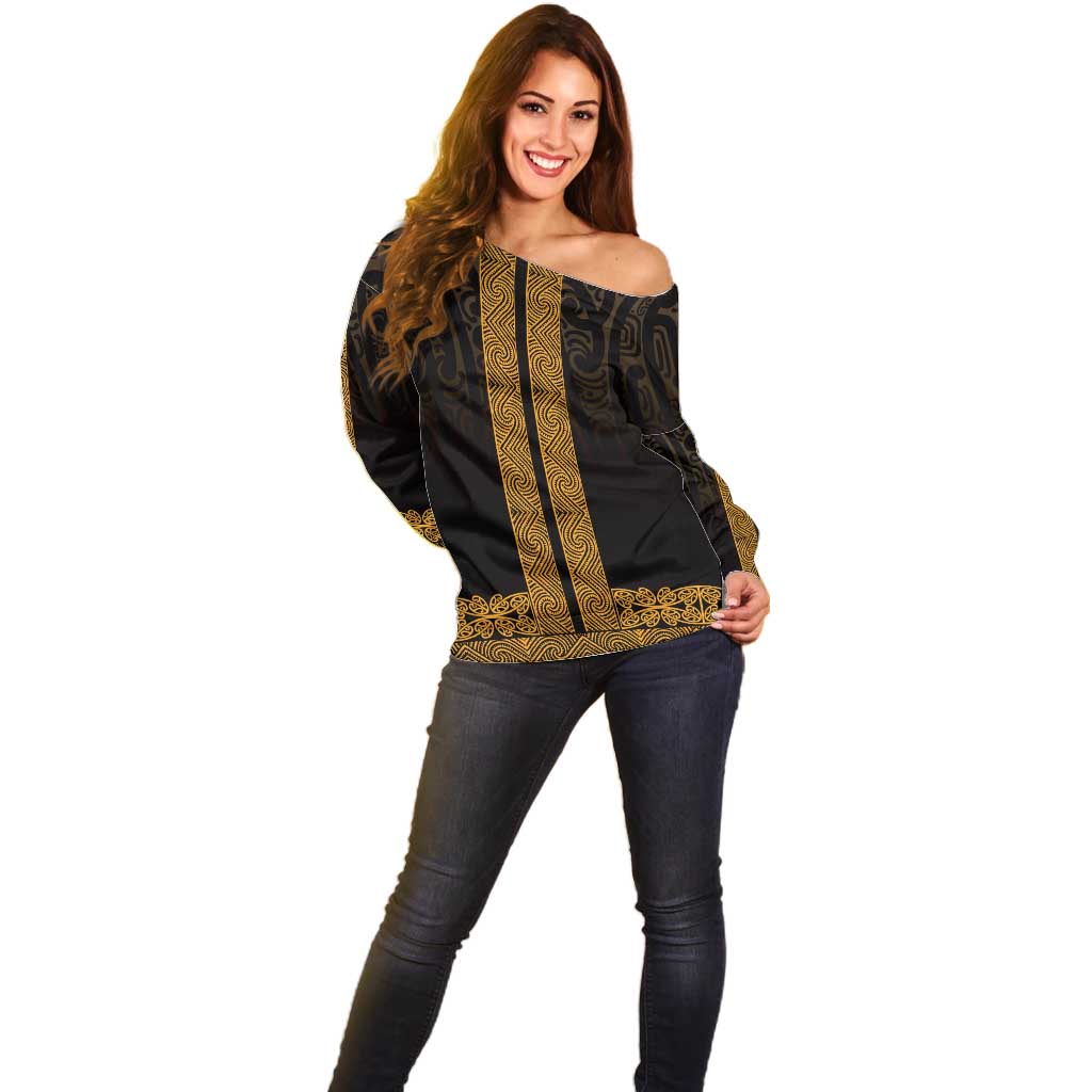 New Zealand Maori Kowhaiwhai Off Shoulder Sweater Karaka Maui and Mangopare