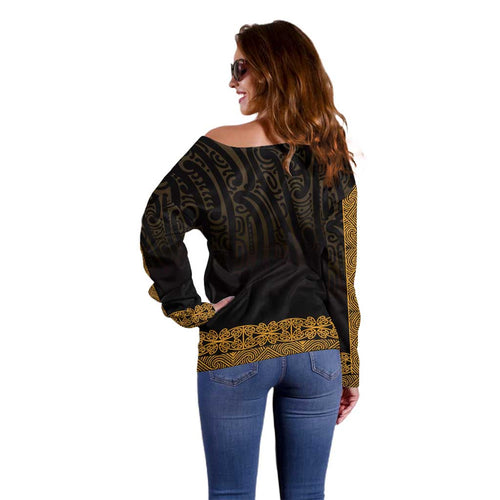New Zealand Maori Kowhaiwhai Off Shoulder Sweater Karaka Maui and Mangopare