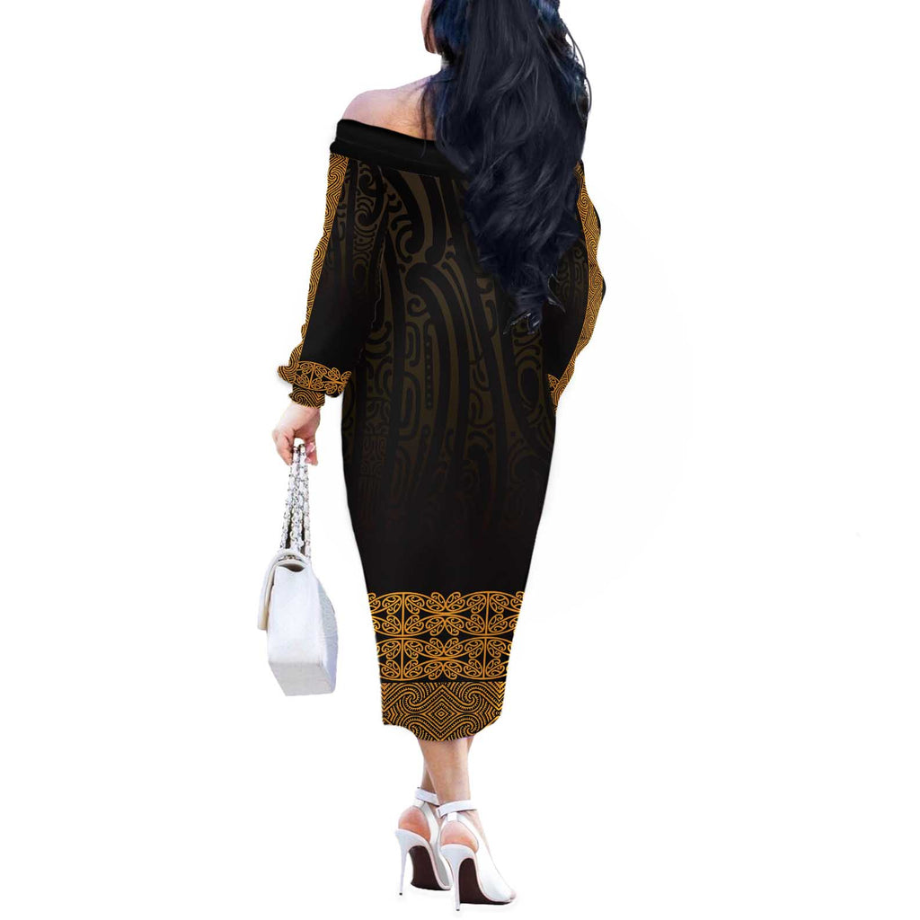 New Zealand Maori Kowhaiwhai Off The Shoulder Long Sleeve Dress Karaka Maui and Mangopare