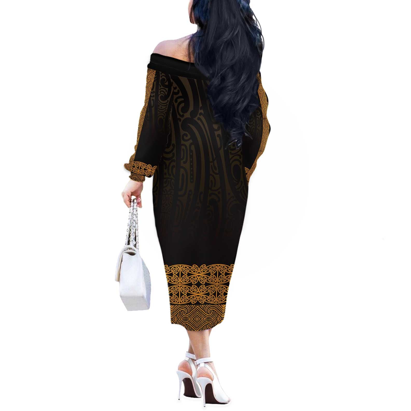 New Zealand Maori Kowhaiwhai Off The Shoulder Long Sleeve Dress Karaka Maui and Mangopare