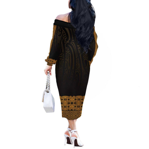 New Zealand Maori Kowhaiwhai Off The Shoulder Long Sleeve Dress Karaka Maui and Mangopare