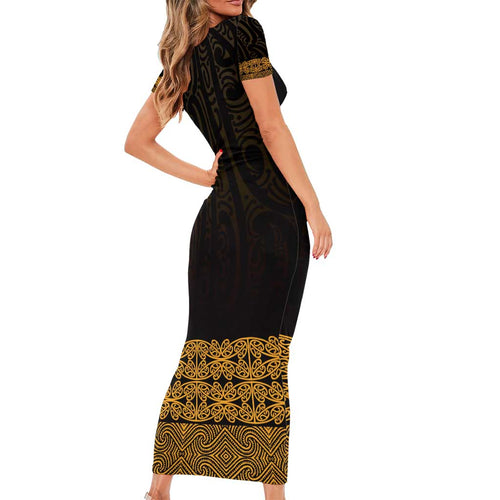 New Zealand Maori Kowhaiwhai Short Sleeve Bodycon Dress Karaka Maui and Mangopare