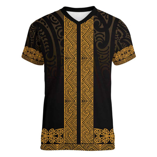 New Zealand Maori Kowhaiwhai Women V-Neck T-Shirt Karaka Maui and Mangopare