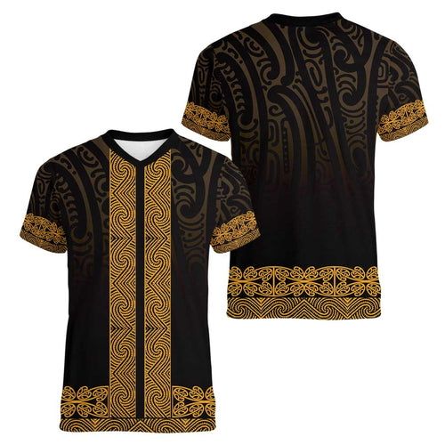 New Zealand Maori Kowhaiwhai Women V-Neck T-Shirt Karaka Maui and Mangopare