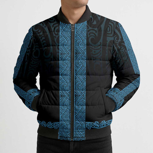 New Zealand Maori Kowhaiwhai Bomber Puffer Jacket Kikorangi Maui and Mangopare - Aussie Hoodie