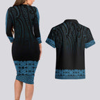 New Zealand Maori Kowhaiwhai Couples Matching Long Sleeve Bodycon Dress and Hawaiian Shirt Kikorangi Maui and Mangopare