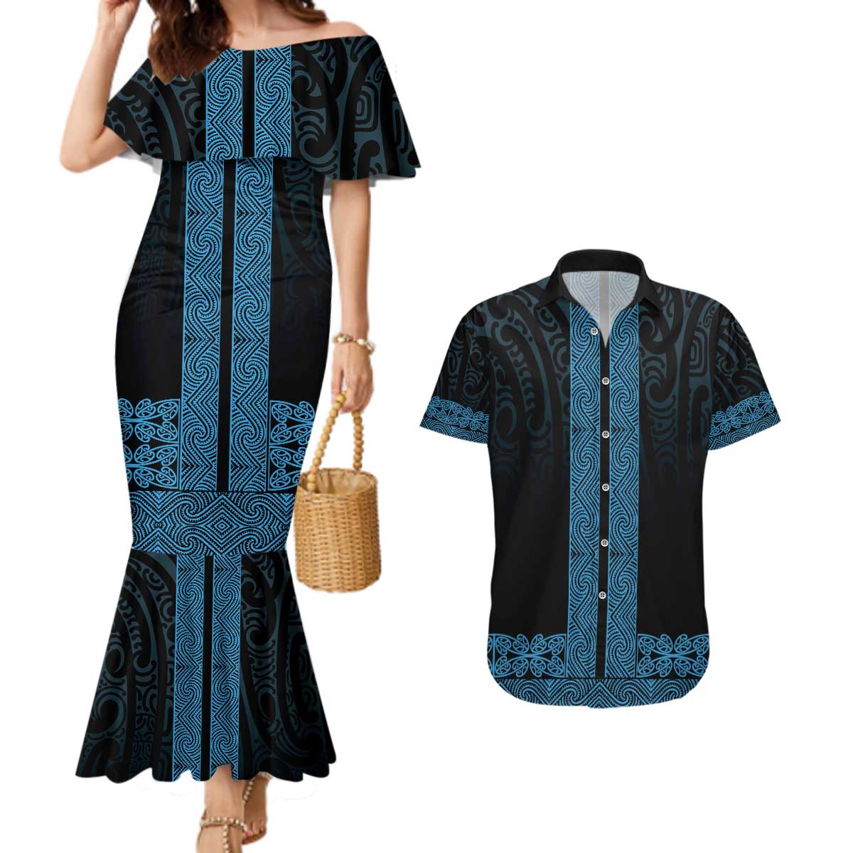 New Zealand Maori Kowhaiwhai Couples Matching Mermaid Dress and Hawaiian Shirt Kikorangi Maui and Mangopare