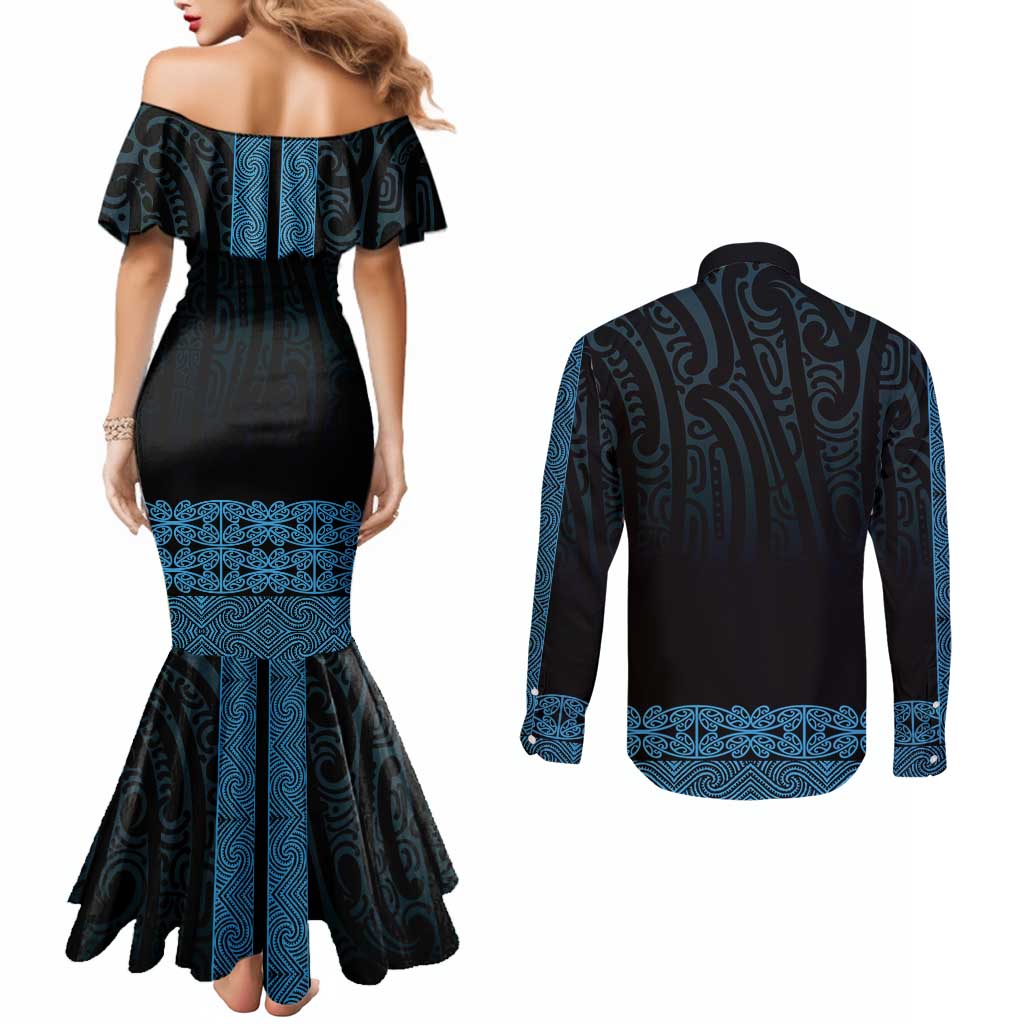 New Zealand Maori Kowhaiwhai Couples Matching Mermaid Dress and Long Sleeve Button Shirt Kikorangi Maui and Mangopare