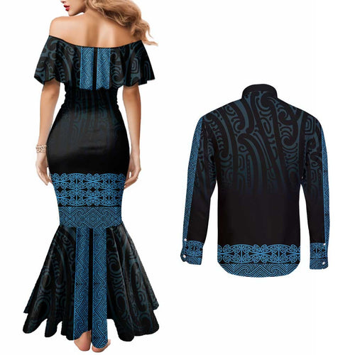 New Zealand Maori Kowhaiwhai Couples Matching Mermaid Dress and Long Sleeve Button Shirt Kikorangi Maui and Mangopare