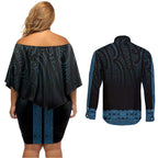 New Zealand Maori Kowhaiwhai Couples Matching Off Shoulder Short Dress and Long Sleeve Button Shirt Kikorangi Maui and Mangopare