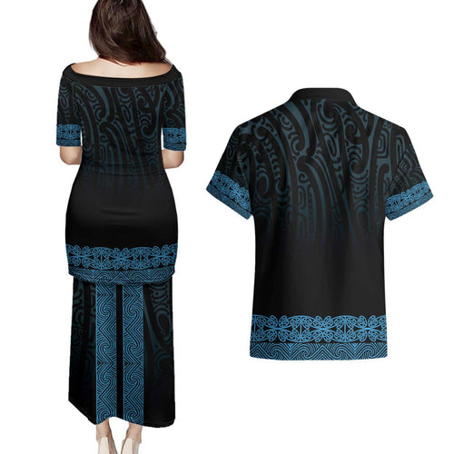 New Zealand Maori Kowhaiwhai Couples Matching Puletasi and Hawaiian Shirt Kikorangi Maui and Mangopare