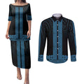 New Zealand Maori Kowhaiwhai Couples Matching Puletasi and Long Sleeve Button Shirt Kikorangi Maui and Mangopare