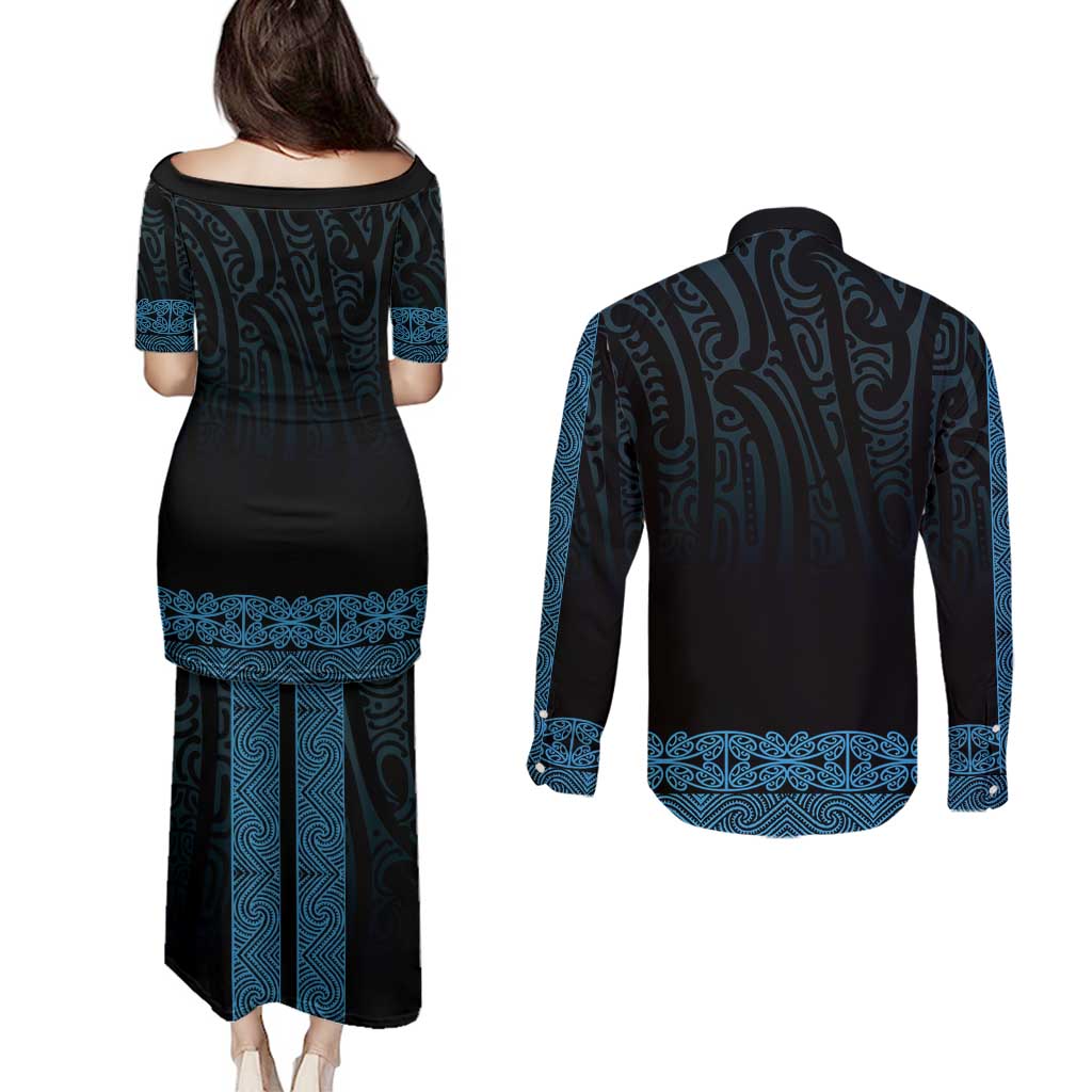New Zealand Maori Kowhaiwhai Couples Matching Puletasi and Long Sleeve Button Shirt Kikorangi Maui and Mangopare