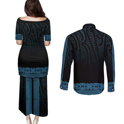 New Zealand Maori Kowhaiwhai Couples Matching Puletasi and Long Sleeve Button Shirt Kikorangi Maui and Mangopare