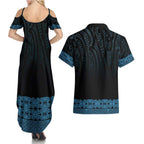 New Zealand Maori Kowhaiwhai Couples Matching Summer Maxi Dress and Hawaiian Shirt Kikorangi Maui and Mangopare