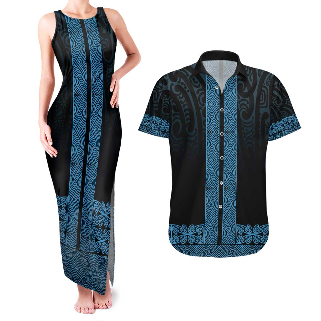 New Zealand Maori Kowhaiwhai Couples Matching Tank Maxi Dress and Hawaiian Shirt Kikorangi Maui and Mangopare