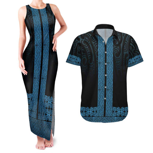 New Zealand Maori Kowhaiwhai Couples Matching Tank Maxi Dress and Hawaiian Shirt Kikorangi Maui and Mangopare