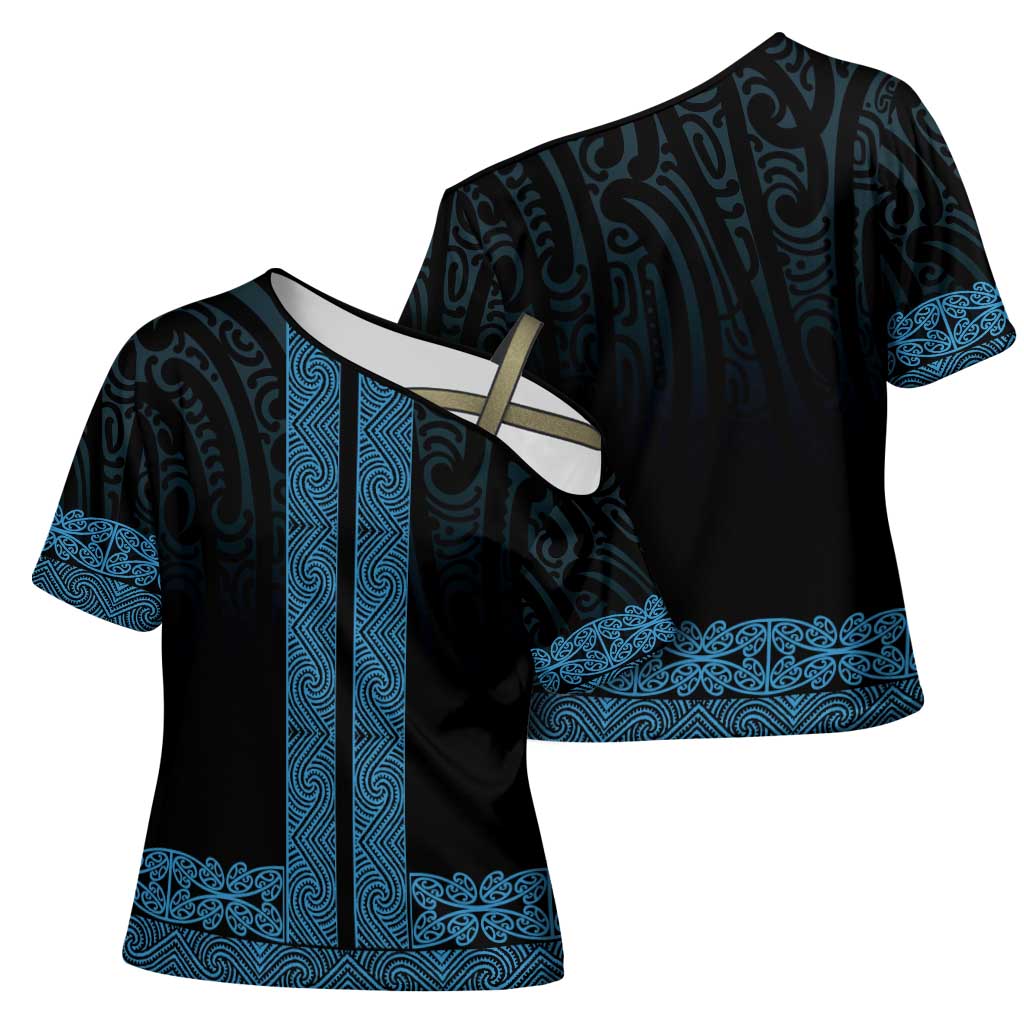 New Zealand Maori Kowhaiwhai Cross Shoulder Shirt Kikorangi Maui and Mangopare - Aussie Hoodie