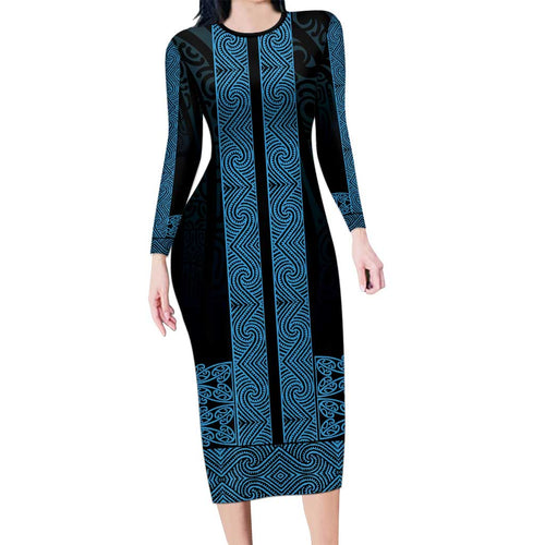 New Zealand Maori Kowhaiwhai Family Matching Long Sleeve Bodycon Dress and Hawaiian Shirt Kikorangi Maui and Mangopare