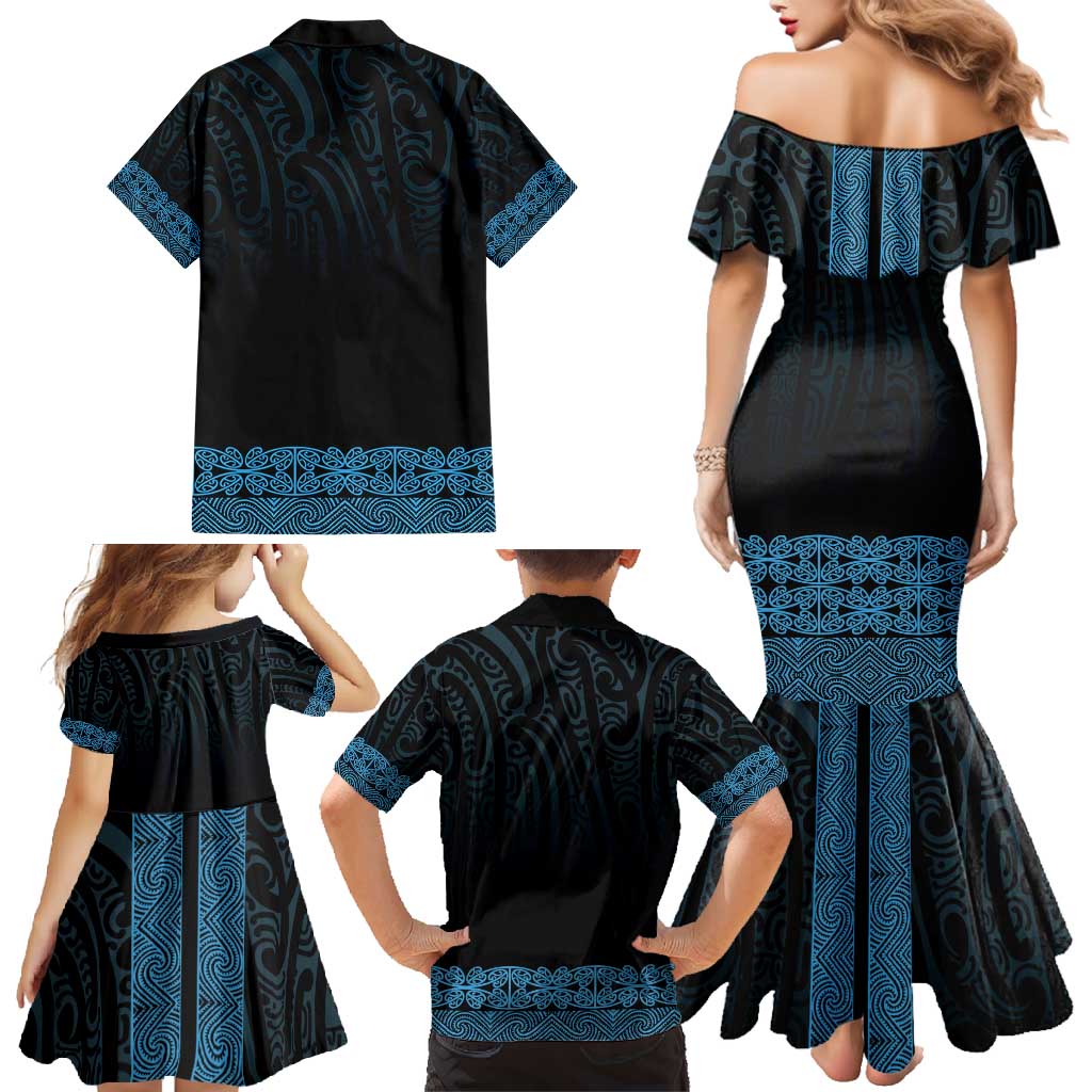 New Zealand Maori Kowhaiwhai Family Matching Mermaid Dress and Hawaiian Shirt Kikorangi Maui and Mangopare