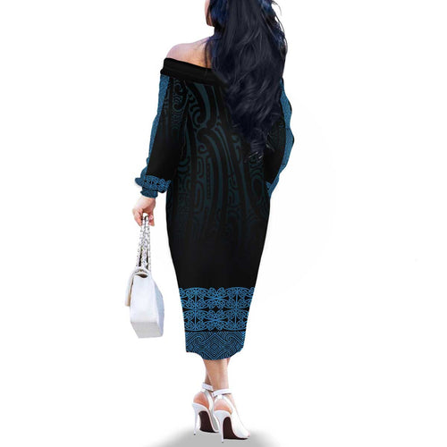 New Zealand Maori Kowhaiwhai Family Matching Off The Shoulder Long Sleeve Dress and Hawaiian Shirt Kikorangi Maui and Mangopare