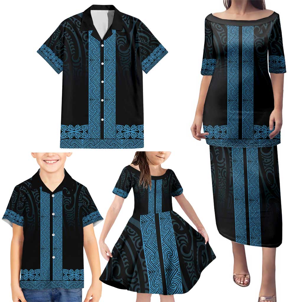 New Zealand Maori Kowhaiwhai Family Matching Puletasi and Hawaiian Shirt Kikorangi Maui and Mangopare