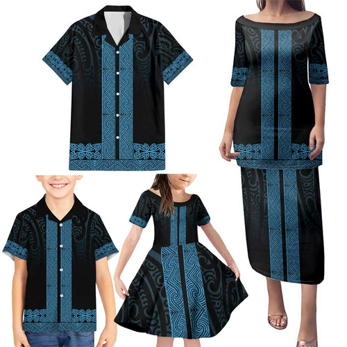 New Zealand Maori Kowhaiwhai Family Matching Puletasi and Hawaiian Shirt Kikorangi Maui and Mangopare