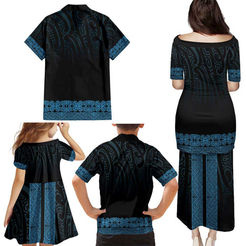 New Zealand Maori Kowhaiwhai Family Matching Puletasi and Hawaiian Shirt Kikorangi Maui and Mangopare