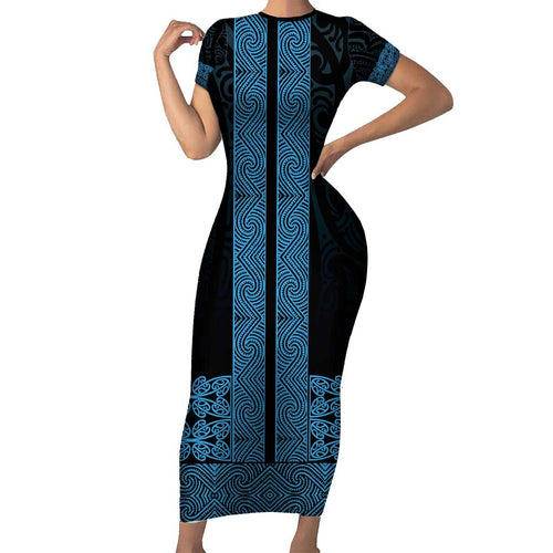 New Zealand Maori Kowhaiwhai Family Matching Short Sleeve Bodycon Dress and Hawaiian Shirt Kikorangi Maui and Mangopare