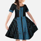 New Zealand Maori Kowhaiwhai Kid Short Sleeve Dress Kikorangi Maui and Mangopare