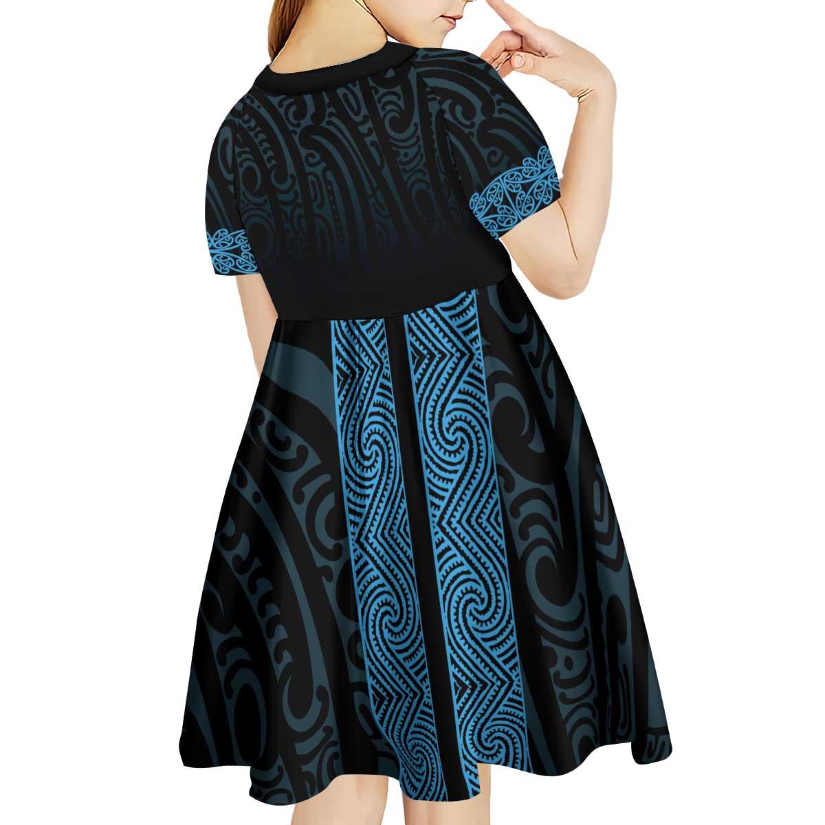 New Zealand Maori Kowhaiwhai Kid Short Sleeve Dress Kikorangi Maui and Mangopare