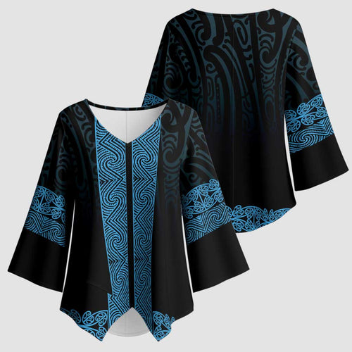 New Zealand Maori Kowhaiwhai Kimono Sleeve Blouse Kikorangi Maui and Mangopare - Aussie Hoodie