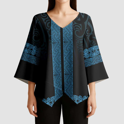 New Zealand Maori Kowhaiwhai Kimono Sleeve Blouse Kikorangi Maui and Mangopare - Aussie Hoodie