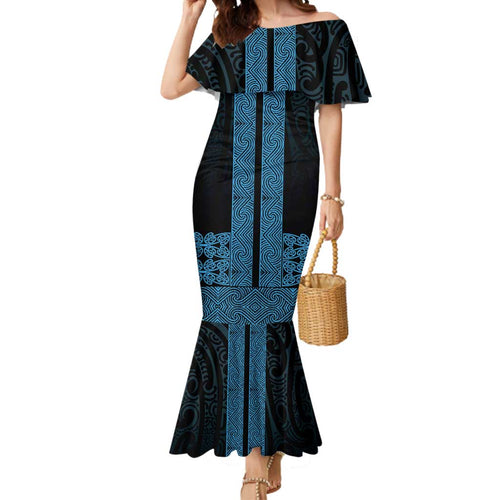 New Zealand Maori Kowhaiwhai Mermaid Dress Kikorangi Maui and Mangopare