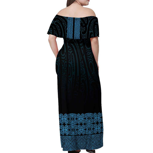 New Zealand Maori Kowhaiwhai Off Shoulder Maxi Dress Kikorangi Maui and Mangopare