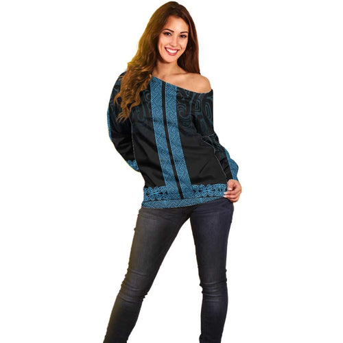 New Zealand Maori Kowhaiwhai Off Shoulder Sweater Kikorangi Maui and Mangopare