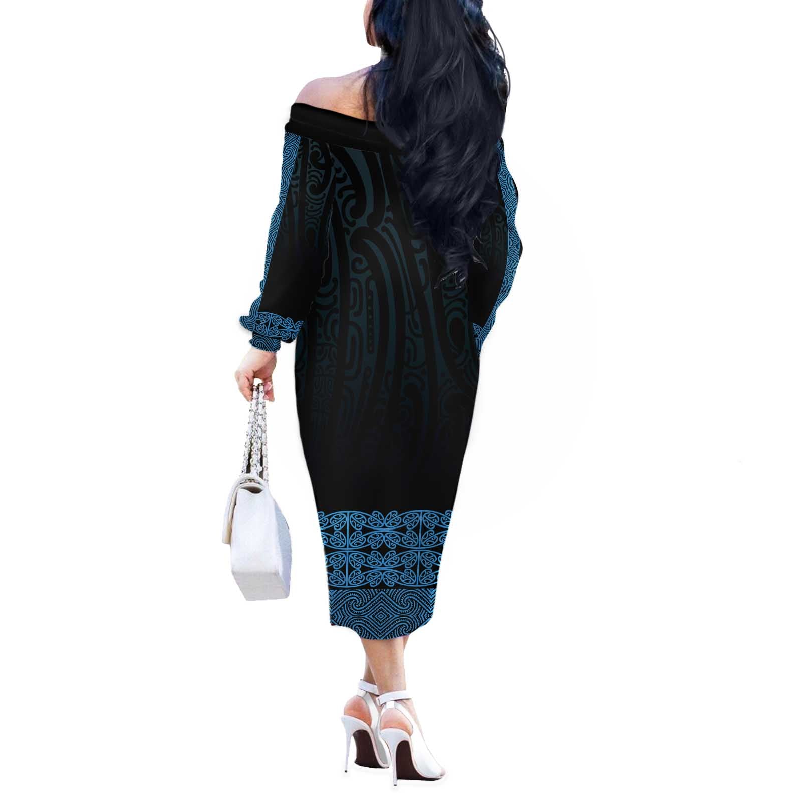 New Zealand Maori Kowhaiwhai Off The Shoulder Long Sleeve Dress Kikorangi Maui and Mangopare
