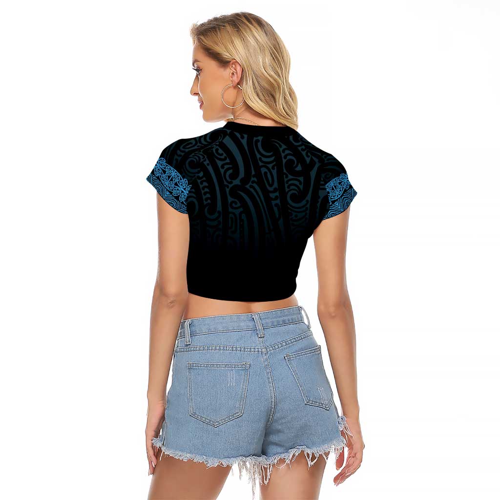 New Zealand Maori Kowhaiwhai Raglan Cropped T Shirt Kikorangi Maui and Mangopare