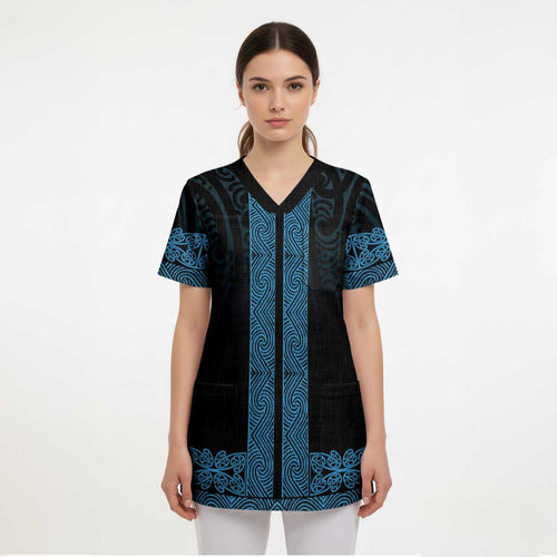 New Zealand Maori Kowhaiwhai Scrub Top Kikorangi Maui and Mangopare - Aussie Hoodie