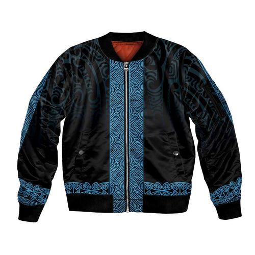 New Zealand Maori Kowhaiwhai Sleeve Zip Bomber Jacket Kikorangi Maui and Mangopare
