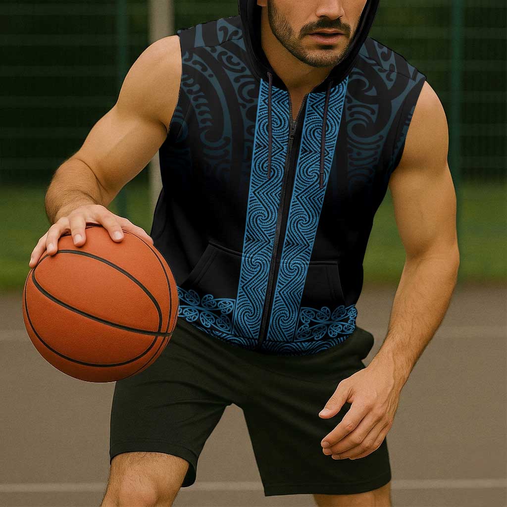 New Zealand Maori Kowhaiwhai Sleeveless Zip Hoodie Kikorangi Maui and Mangopare LT9