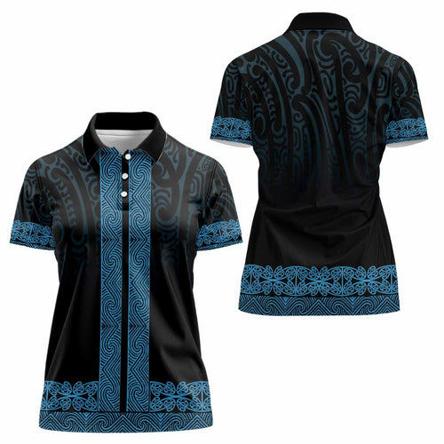 New Zealand Maori Kowhaiwhai Women Polo Shirt Kikorangi Maui and Mangopare
