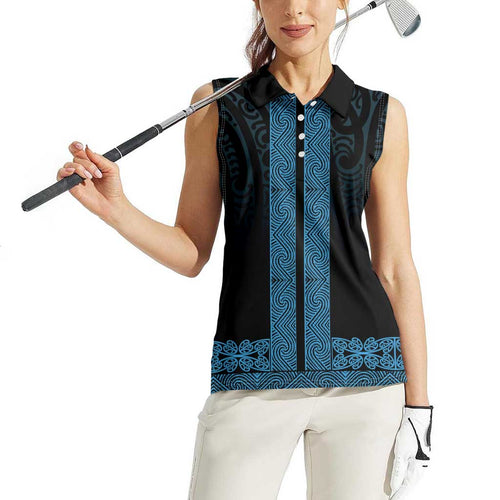 New Zealand Maori Kowhaiwhai Women Sleeveless Polo Shirt Kikorangi Maui and Mangopare