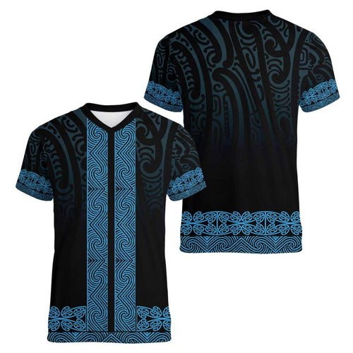 New Zealand Maori Kowhaiwhai Women V-Neck T-Shirt Kikorangi Maui and Mangopare