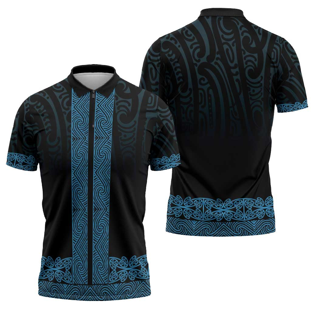 New Zealand Maori Kowhaiwhai Zipper Polo Shirt Kikorangi Maui and Mangopare - Aussie Hoodie