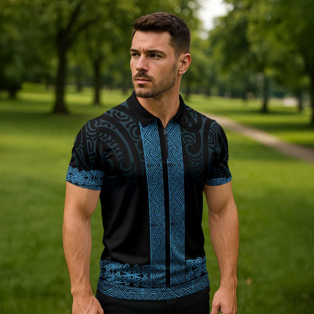 New Zealand Maori Kowhaiwhai Zipper Polo Shirt Kikorangi Maui and Mangopare - Aussie Hoodie
