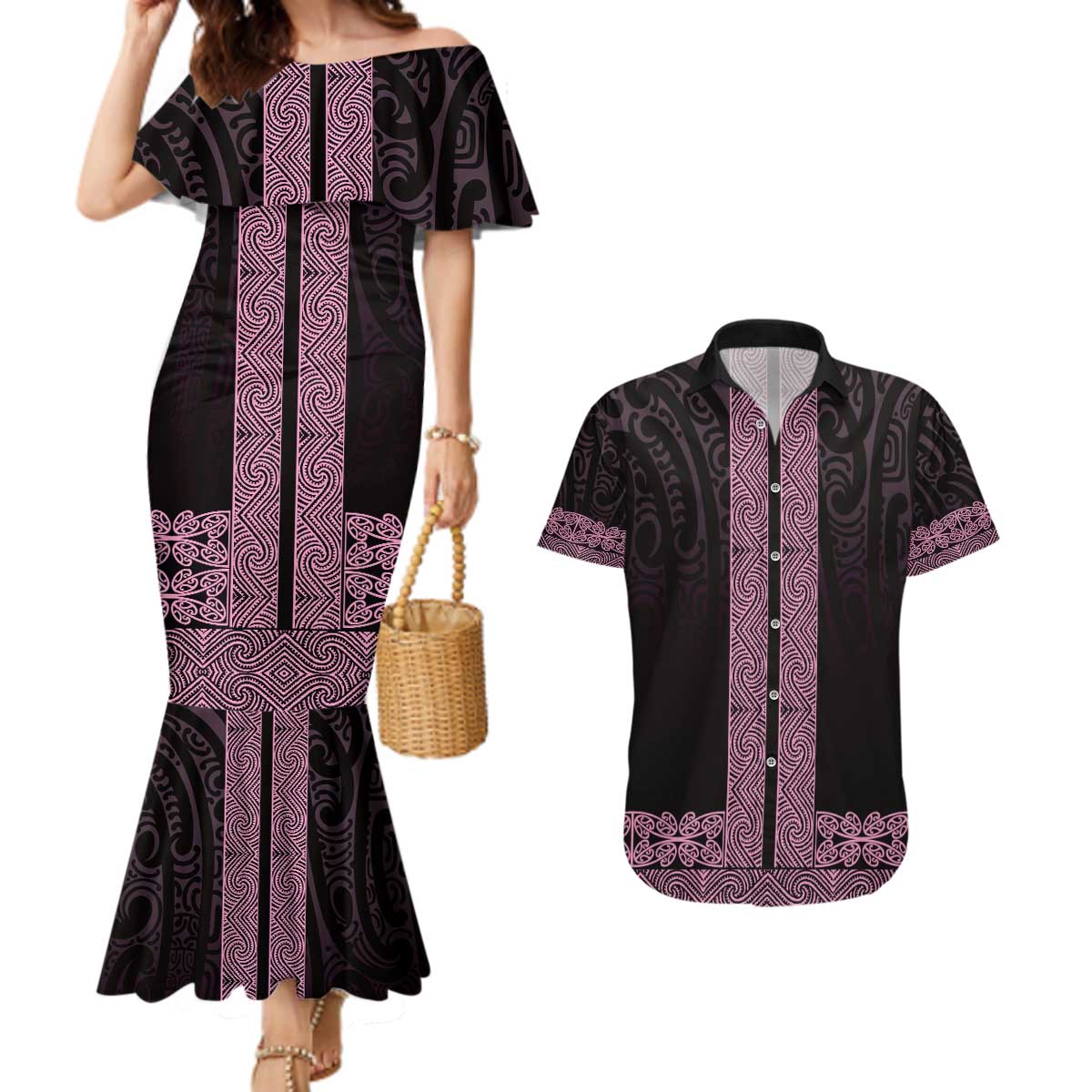 New Zealand Maori Kowhaiwhai Couples Matching Mermaid Dress and Hawaiian Shirt Mawhero Maui and Mangopare